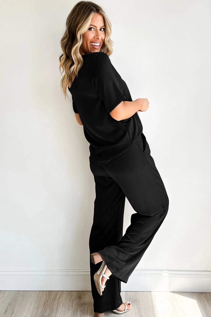 Shewin Women's Black Solid Color T-Shirt & Wide Leg Pants Set