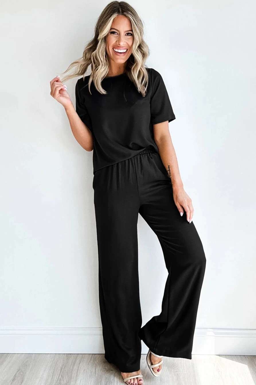 Shewin Women's Black Solid Color T-Shirt & Wide Leg Pants Set