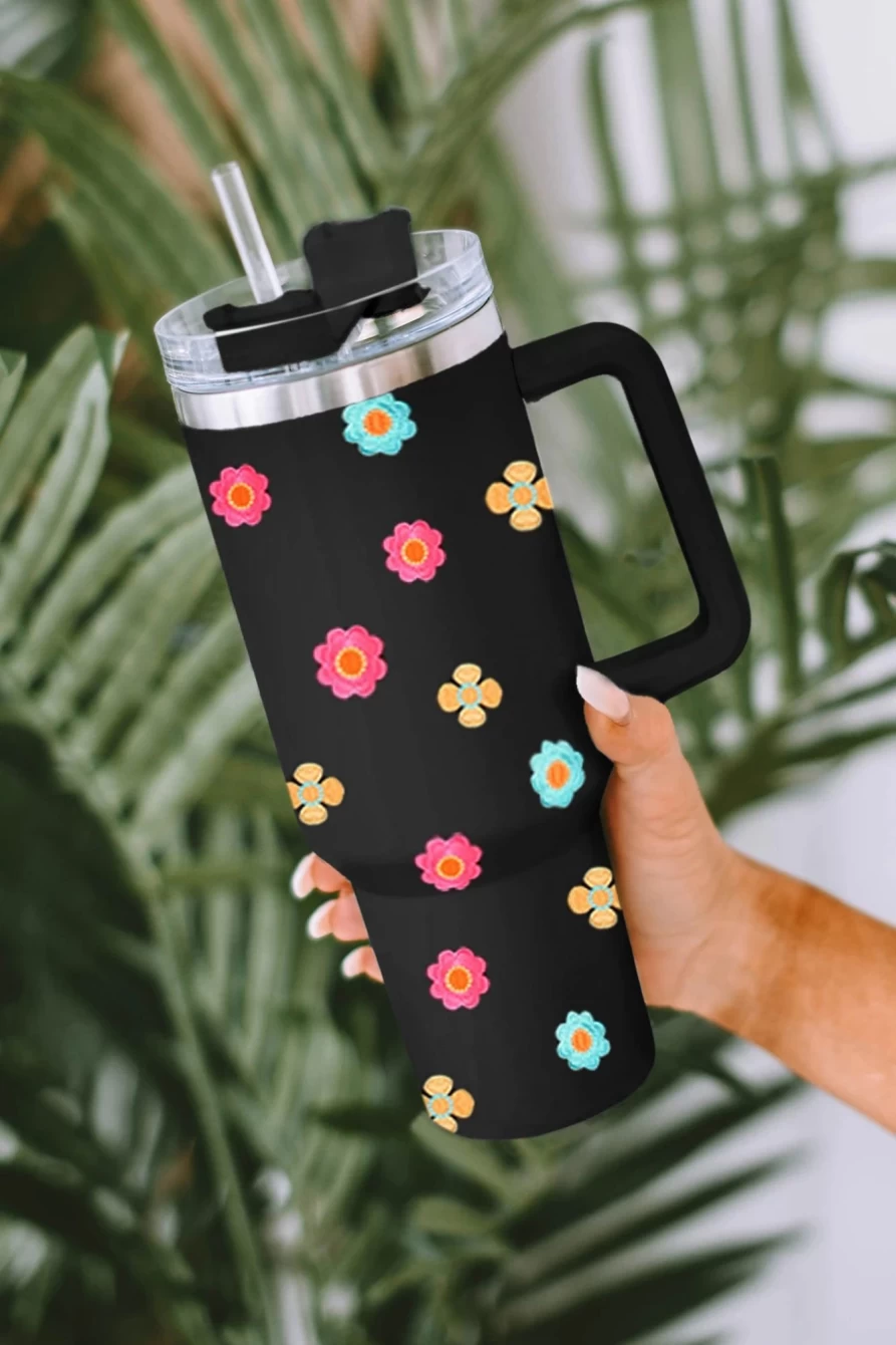 Shewin Black Stainless Steel Double Layer Thermos Tumbler for Women - Cute Florets Design, 304 Insulated Travel Mug