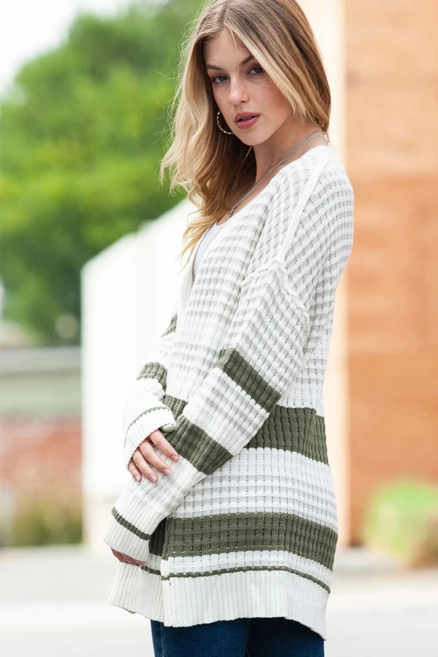 Women's Green Colorblock Textured Knit Buttoned Cardigan by Shewin