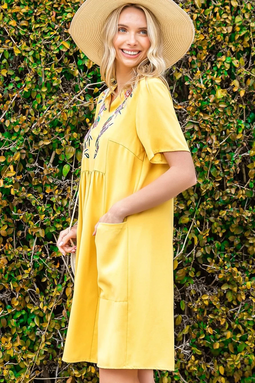 Shewin Women's Yellow Floral Embroidered Split Neck Babydoll Swing Dress