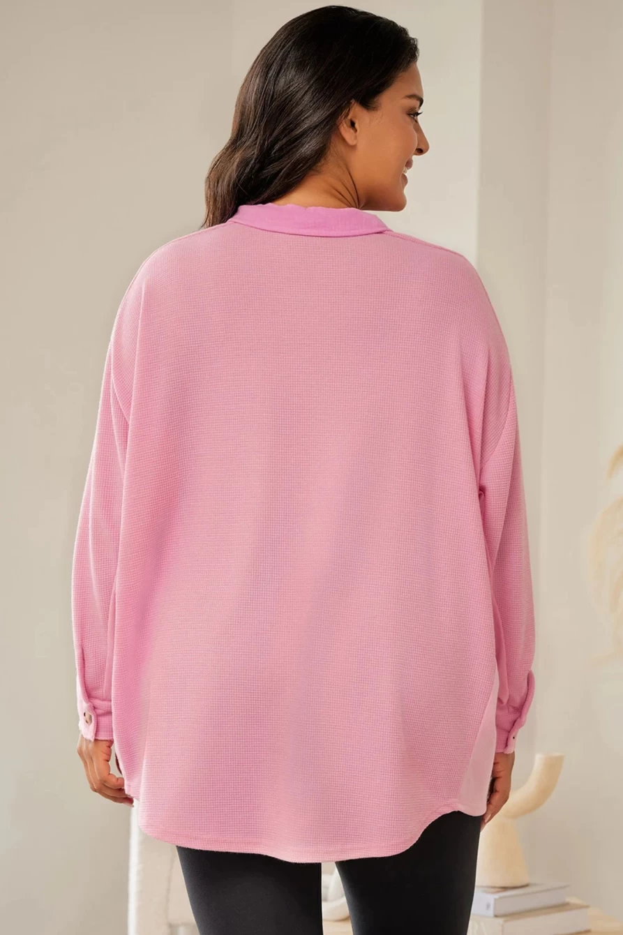 Shewin Women's Plus Size Pink Waffle Knit Long Sleeve Shirt with Flap Pockets
