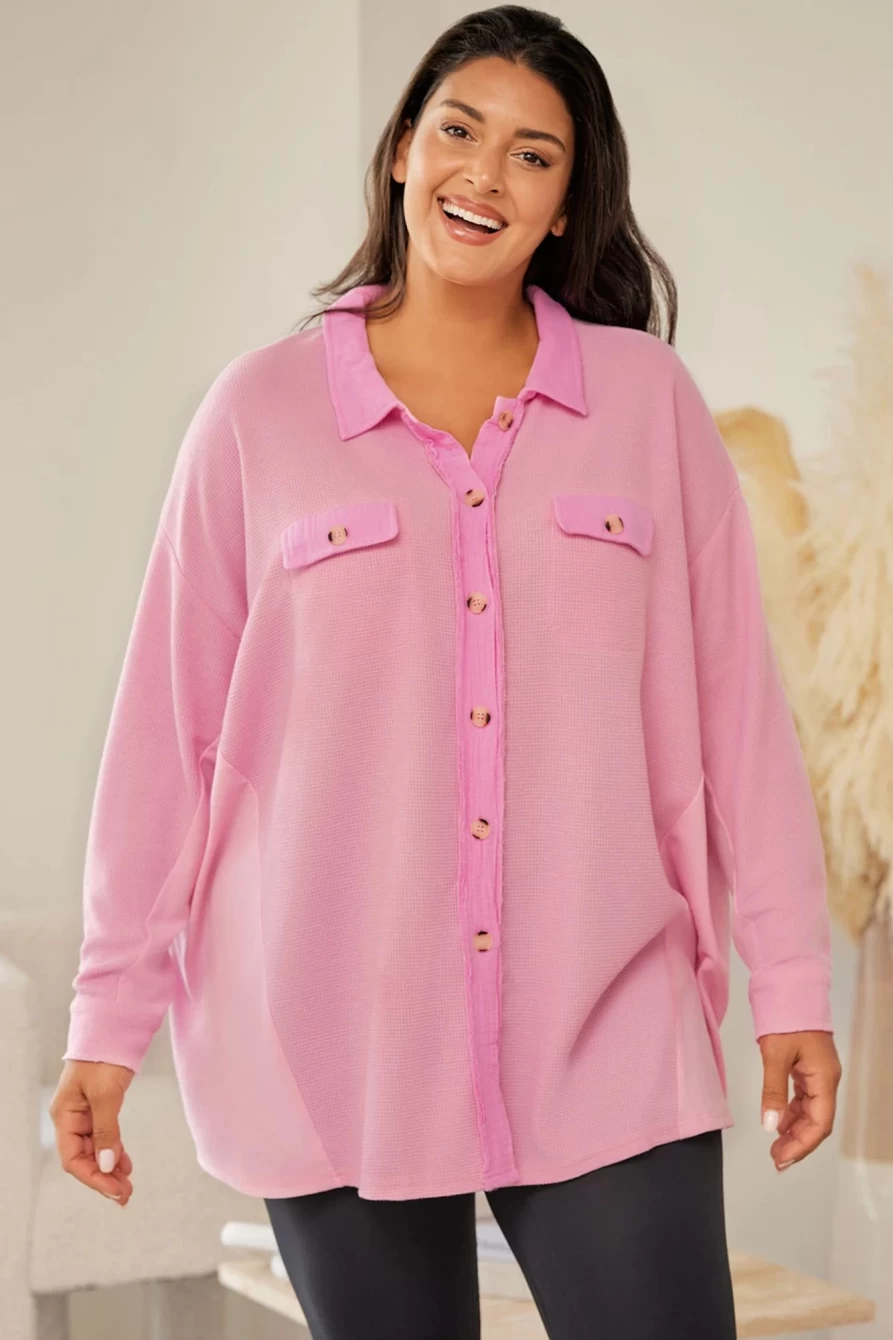Shewin Women's Plus Size Pink Waffle Knit Long Sleeve Shirt with Flap Pockets