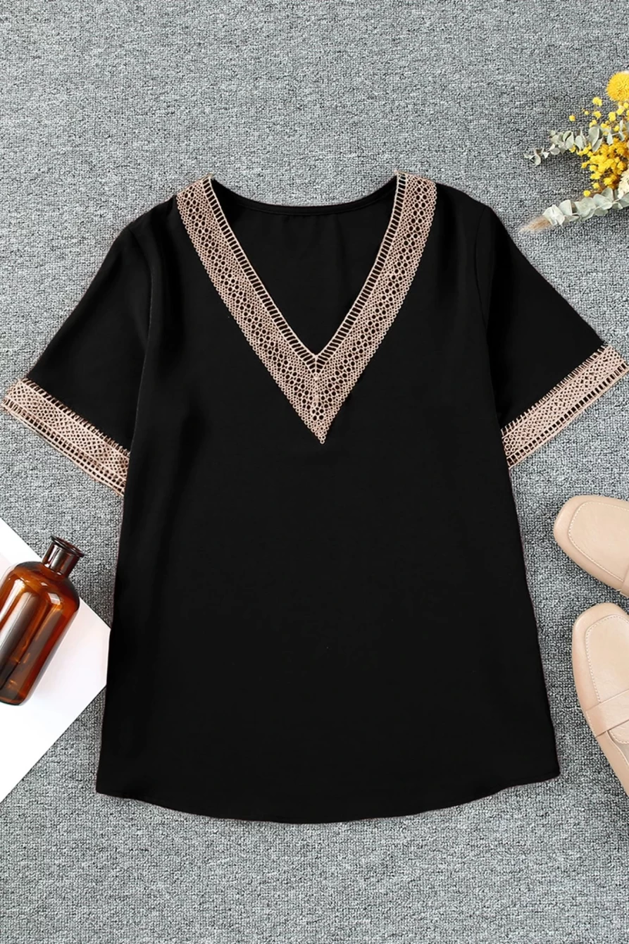 Shewin Women's Plus Size Black Lace Trim V-Neck Short Sleeve Top