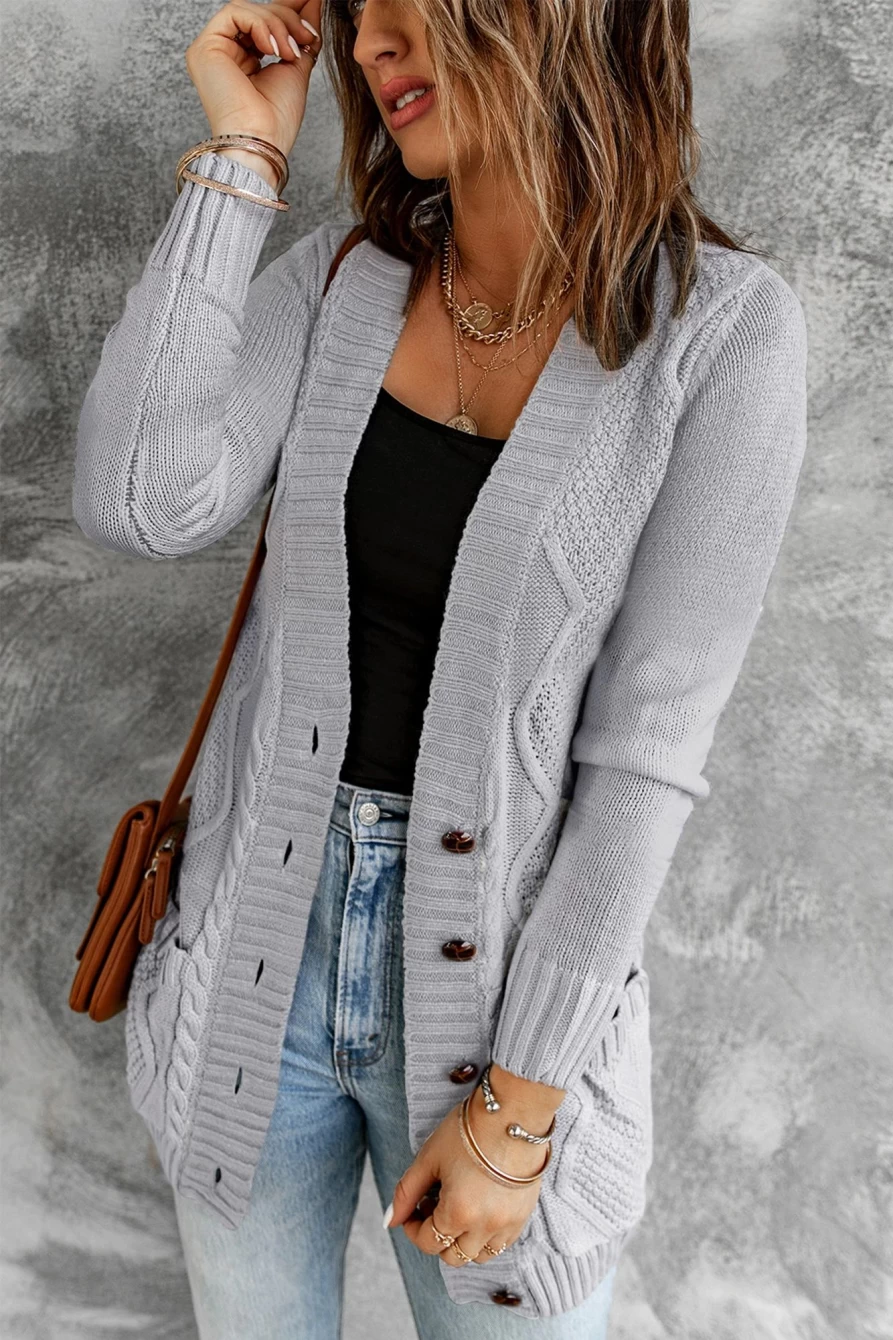 Shewin Women's Gray Button Front Long Sleeve Fall Cardigan Sweater