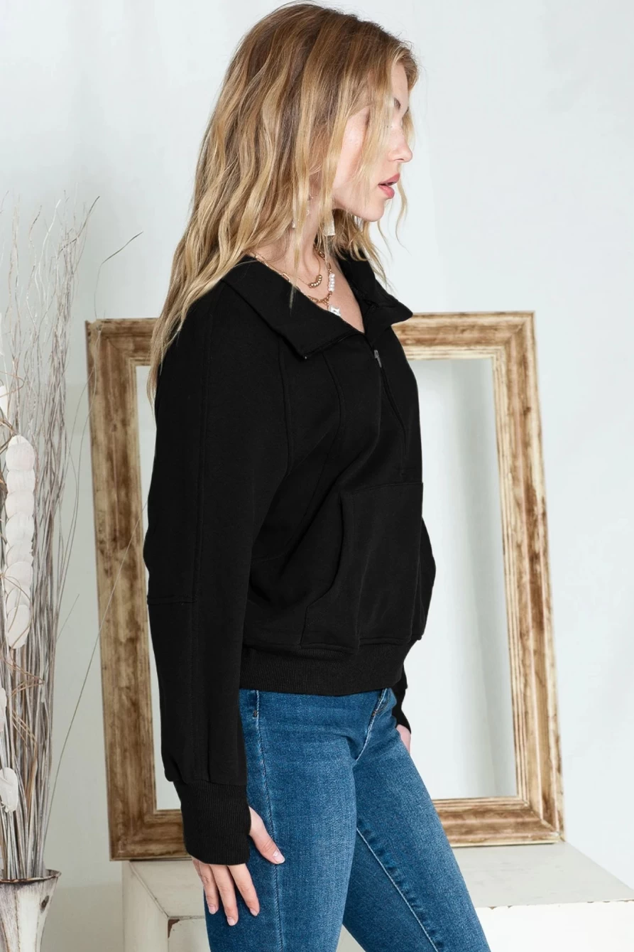 Shewin Women's Black Ribbed Zip-Up Stand Collar Sweatshirt with Thumbhole Sleeves