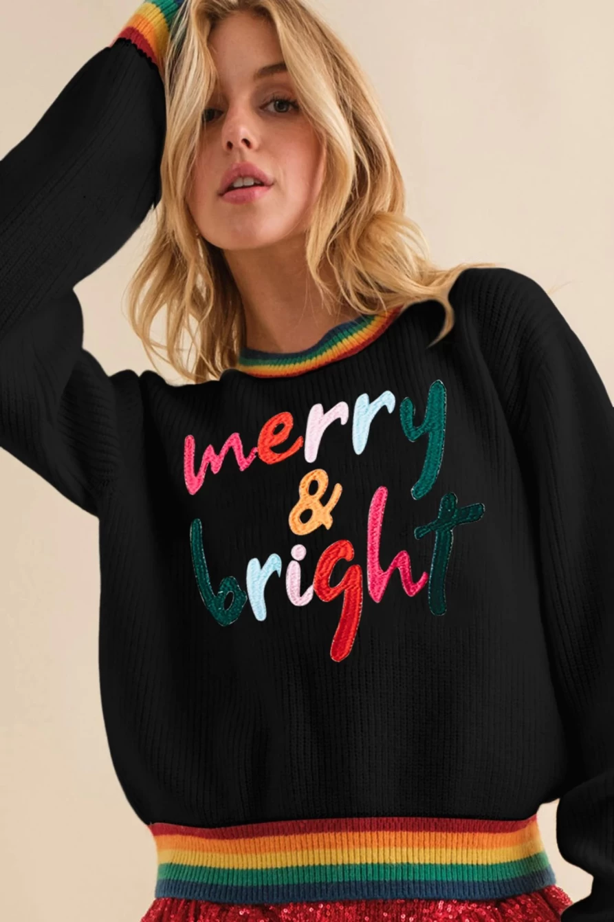 Shewin Women's Black Rainbow Striped Trim Sweater - Merry & Bright Holiday Pullover
