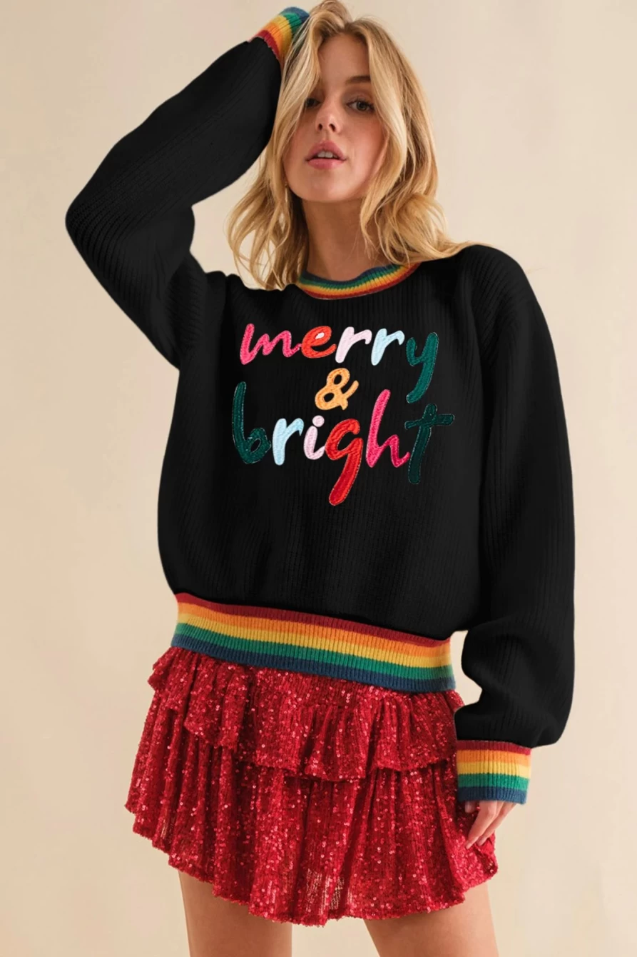 Shewin Women's Black Rainbow Striped Trim Sweater - Merry & Bright Holiday Pullover