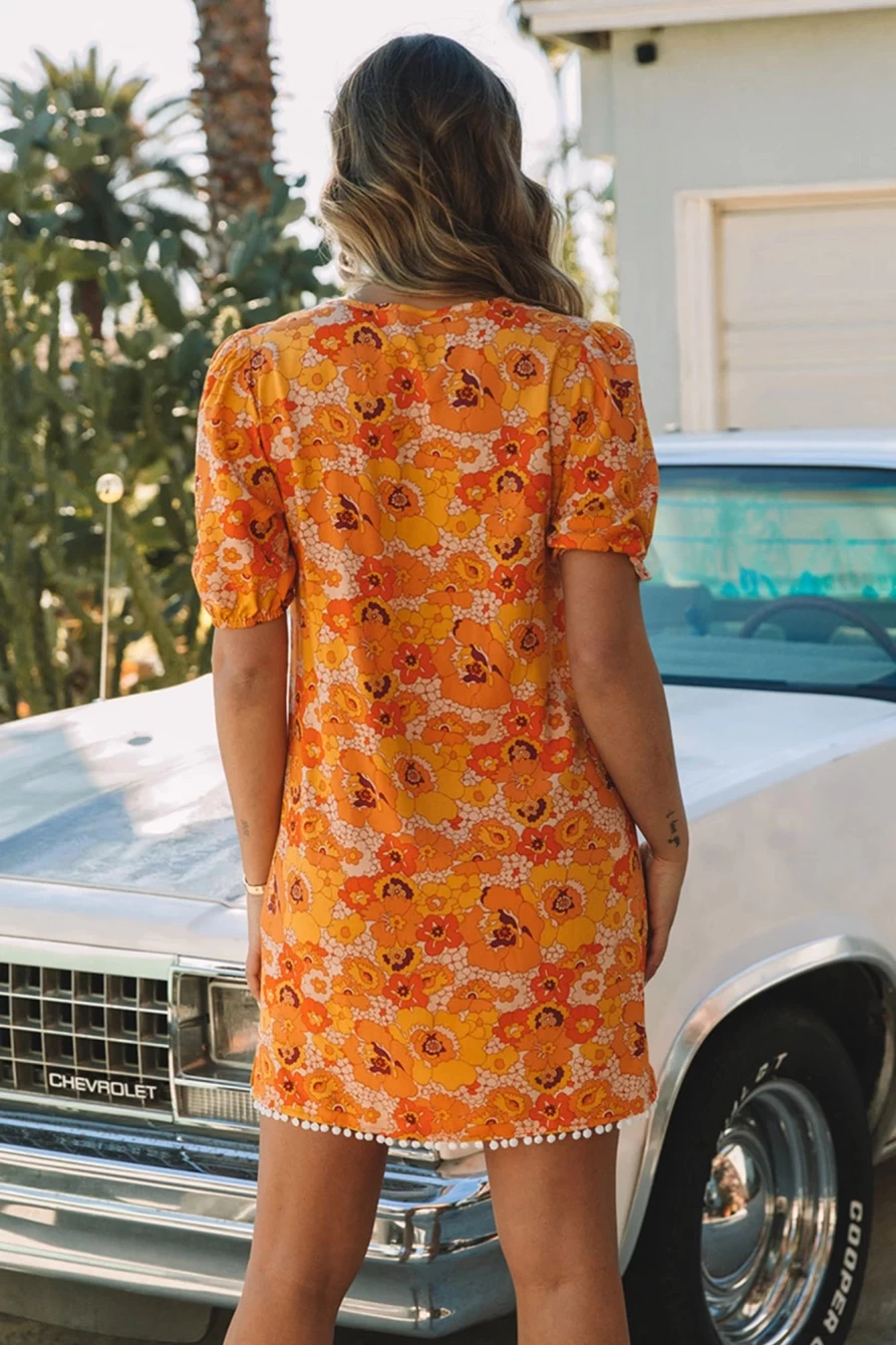 Shewin Women's Yellow Floral Print V-Neck Puff Sleeve Dress with Pompom Trim