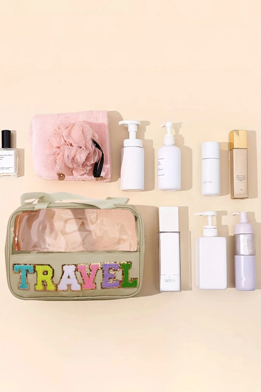Shewin Women's Parchment Travel Letter Print Clear PVC Makeup Bag