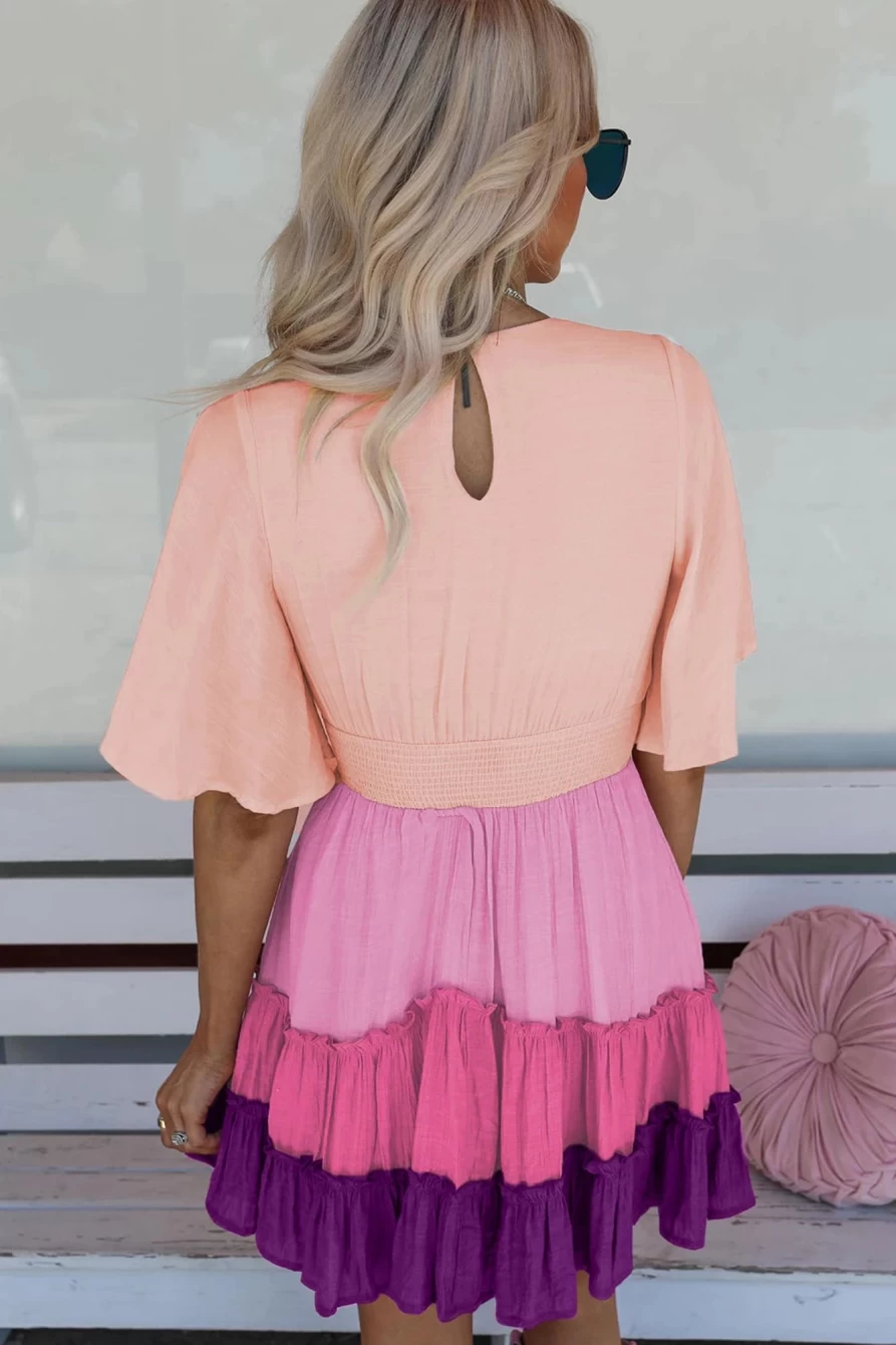Shewin Women's Pink Ombre Colorblock V-Neck Tiered Short Sleeve Dress