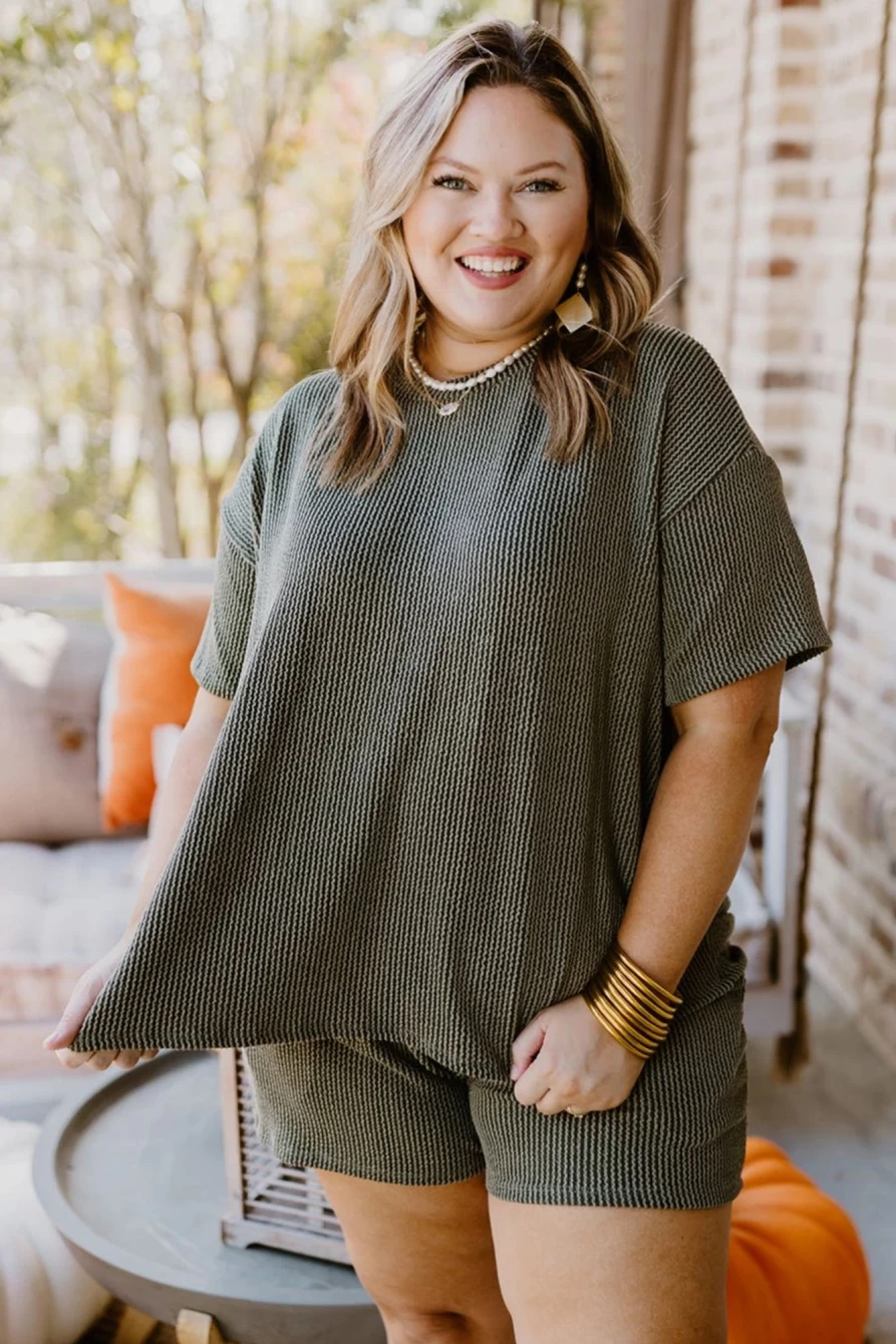 Shewin Women's Plus Size Moss Green Rib Knit Short Sleeve Top and Shorts Set