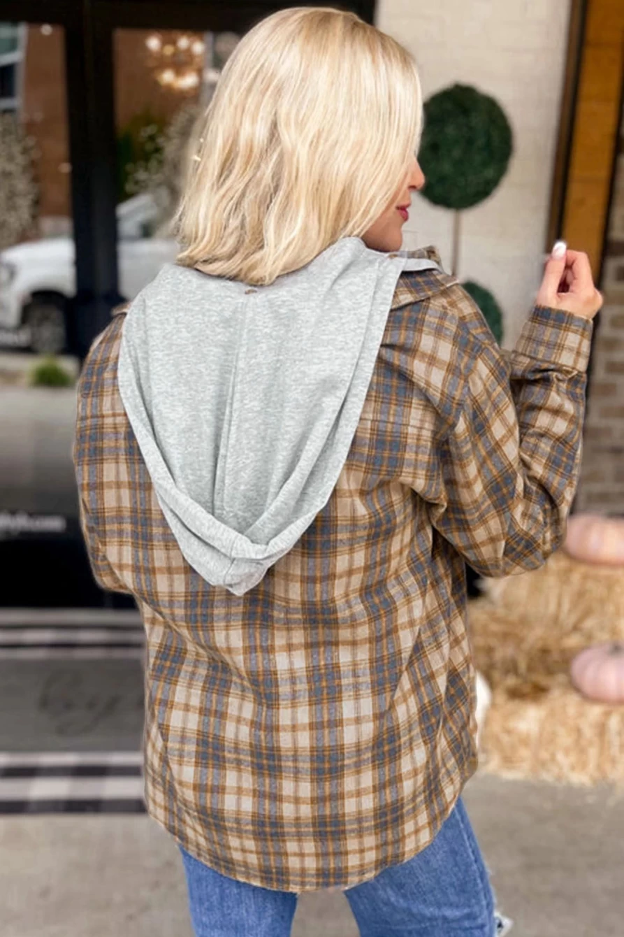 Shewin Women's Plus Size Camel Plaid Print Drawstring Hooded Shacket Coat