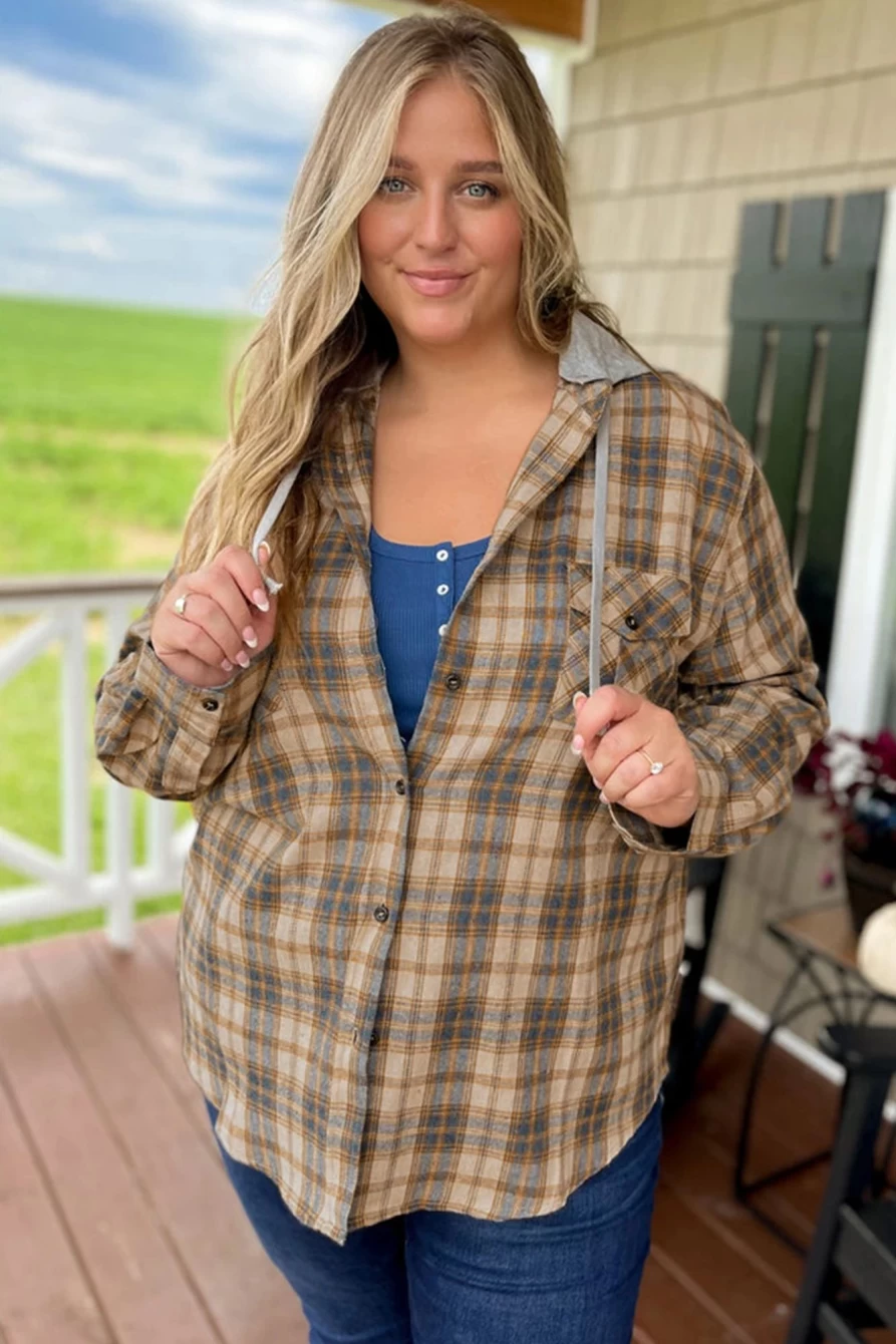 Shewin Women's Plus Size Camel Plaid Print Drawstring Hooded Shacket Coat