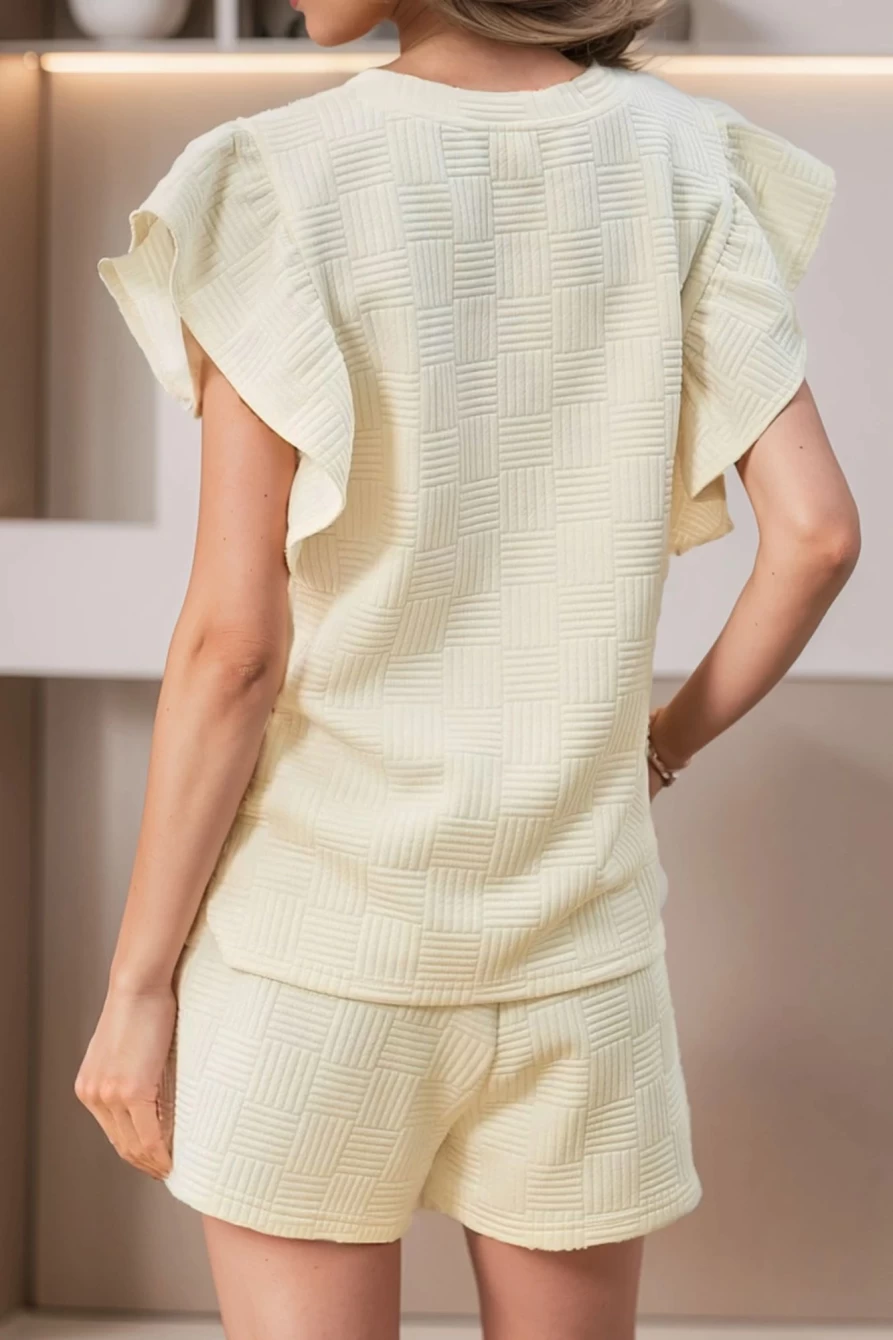 Shewin Women's Apricot Textured Ruffle Sleeve Tee & Drawstring Shorts Set