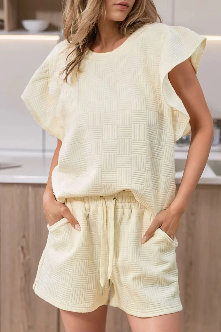Shewin Women's Apricot Textured Ruffle Sleeve Tee & Drawstring Shorts Set