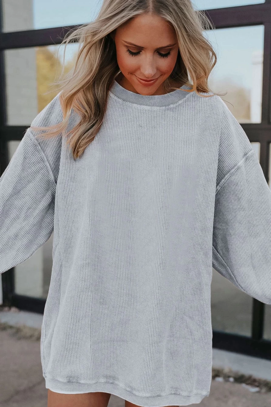 Shewin Women's Light Grey Oversized Drop Shoulder Ribbed Sweatshirt