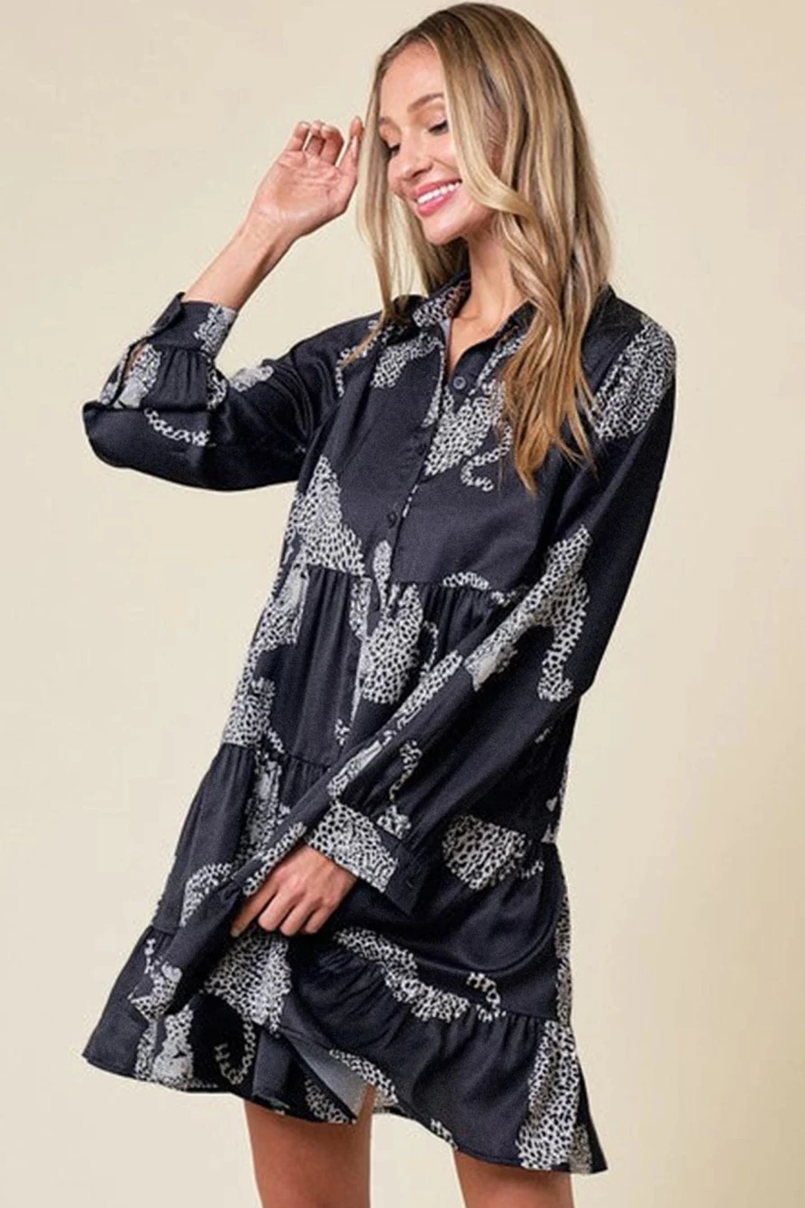 "SheWin Women's Black Leopard Print Mini Tiered Dress - Flowy Casual Chic Style"