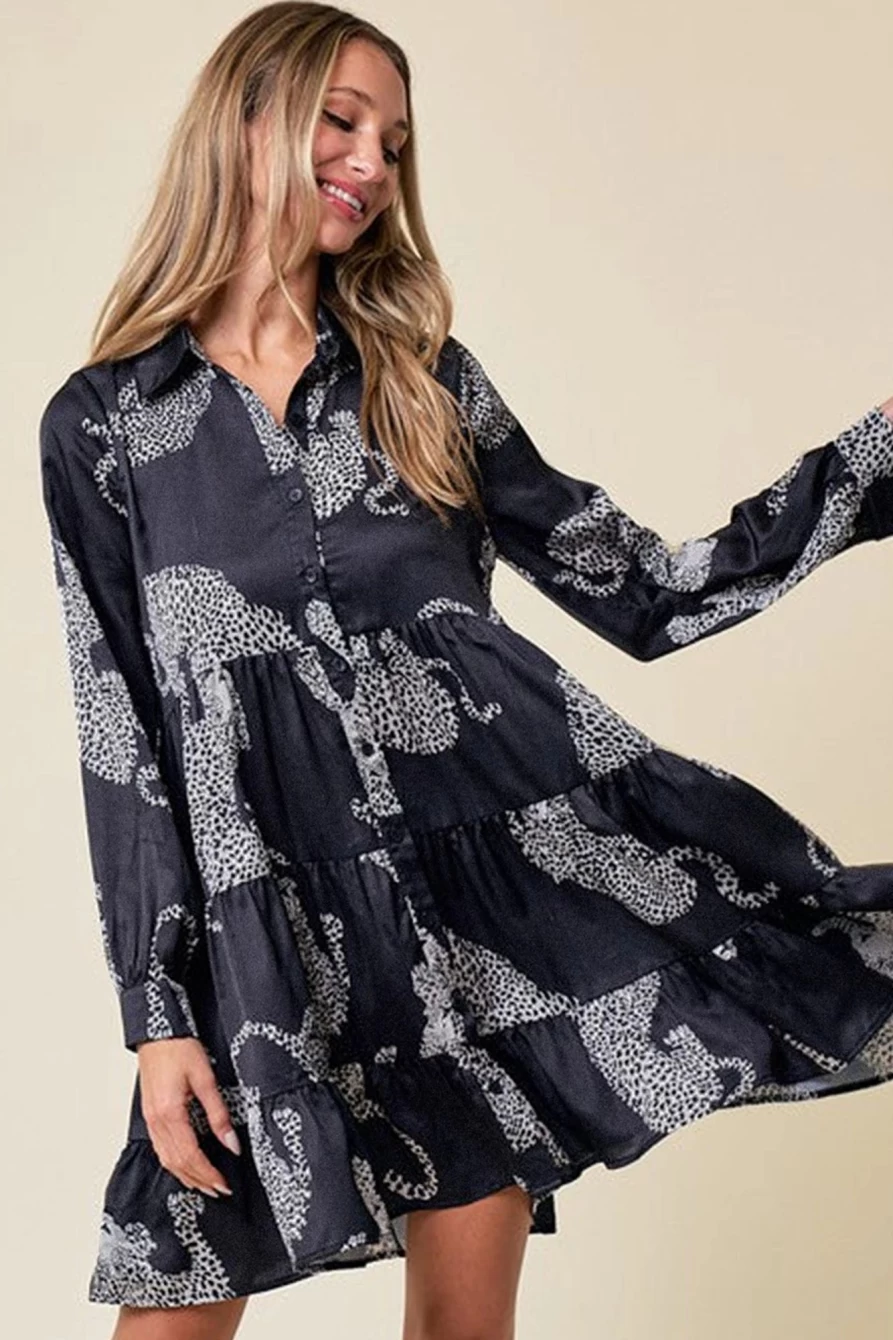 "SheWin Women's Black Leopard Print Mini Tiered Dress - Flowy Casual Chic Style"