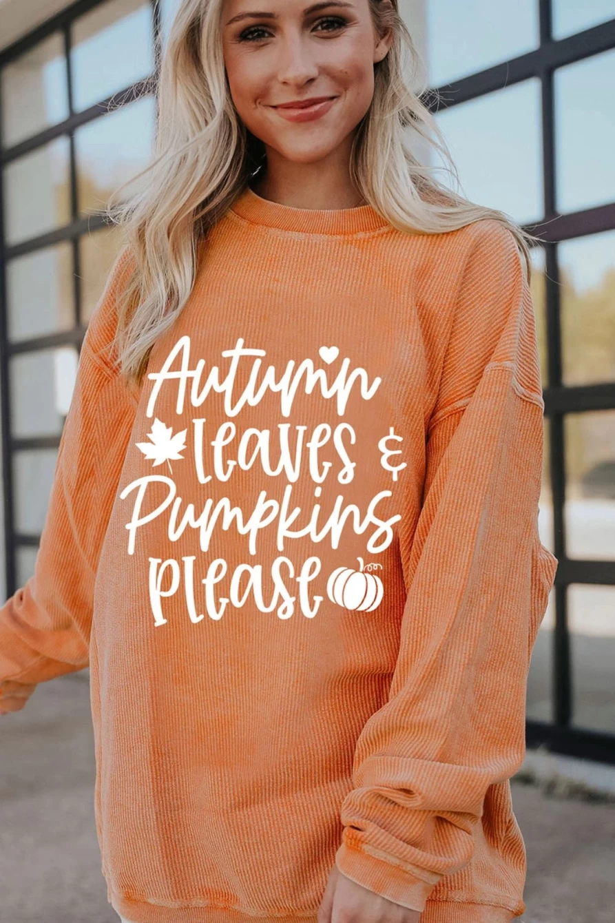Shewin Women's Orange-3 Oversized Graphic Sweatshirt - Autumn Leaves & Pumpkins Design Ribbed Comfort