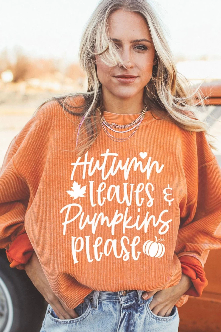 Shewin Women's Orange-3 Oversized Graphic Sweatshirt - Autumn Leaves & Pumpkins Design Ribbed Comfort
