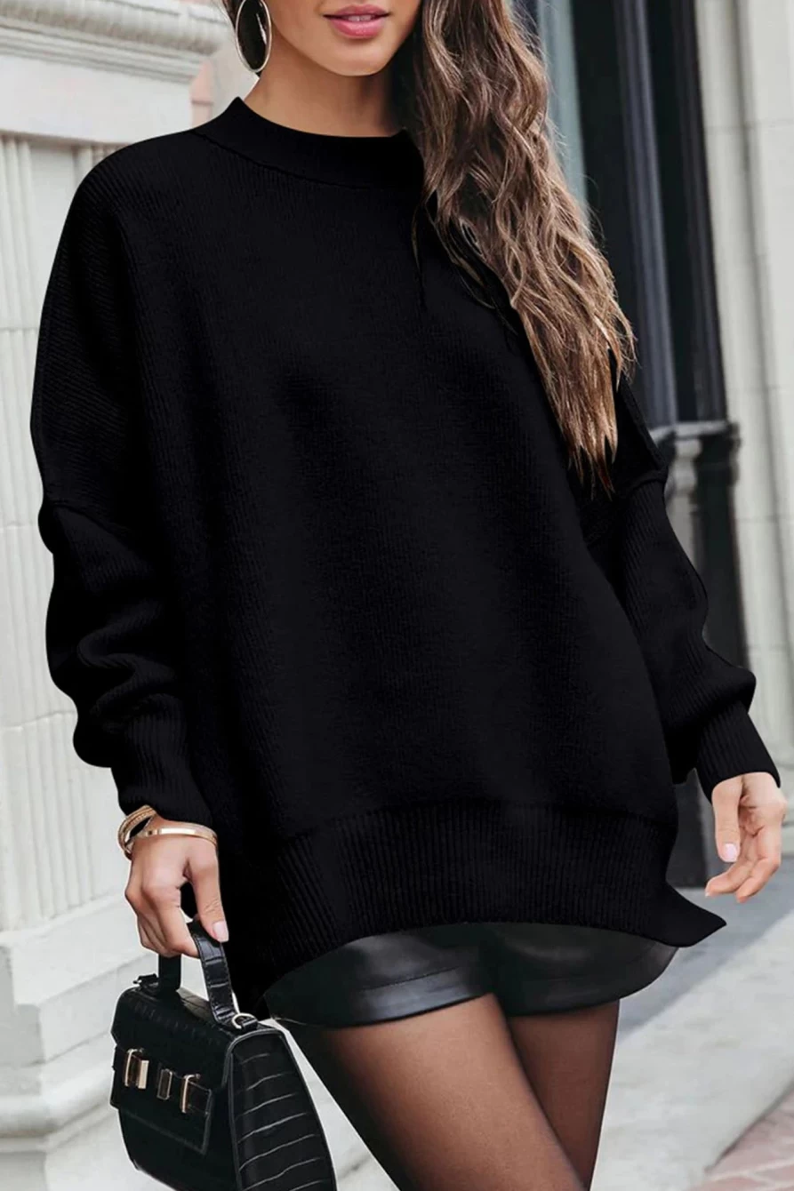 Shewin Women's Black Oversized Drop Shoulder Bubble Sleeve Pullover Sweater
