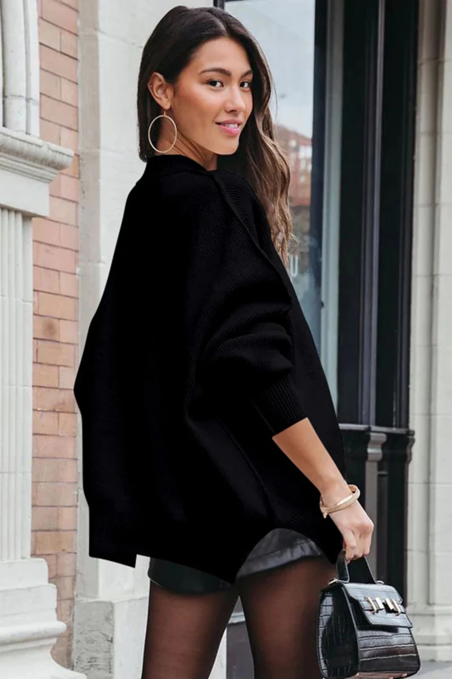 Shewin Women's Black Oversized Drop Shoulder Bubble Sleeve Pullover Sweater