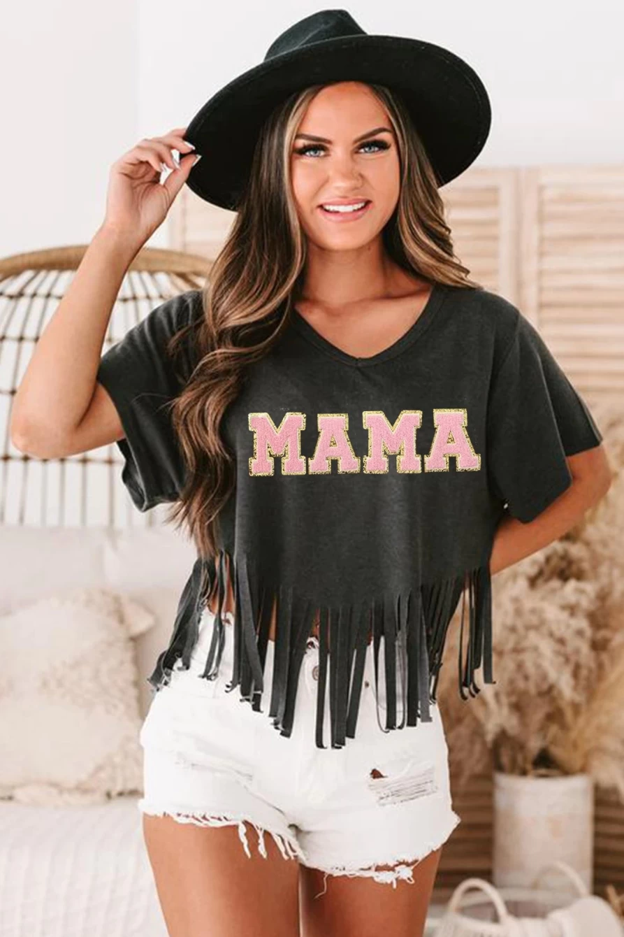 Shewin Women's Black Mama Chenille Graphic Tee with Fringed Hem