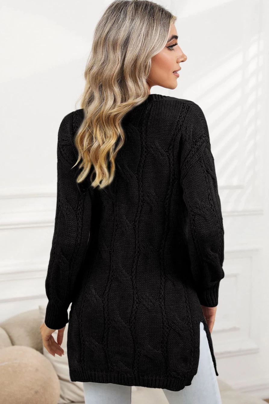 Shewin Women's Black Ribbed Trim Hollow Knit Cardigan with Side Slits