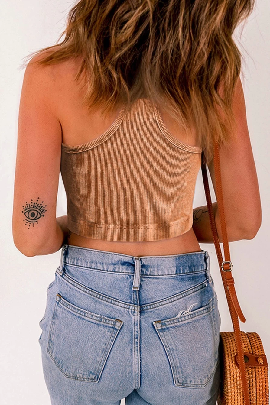 Shewin Women's Gold Flame Ribbed Cropped Tank Top - Mineral Wash Racerback Style