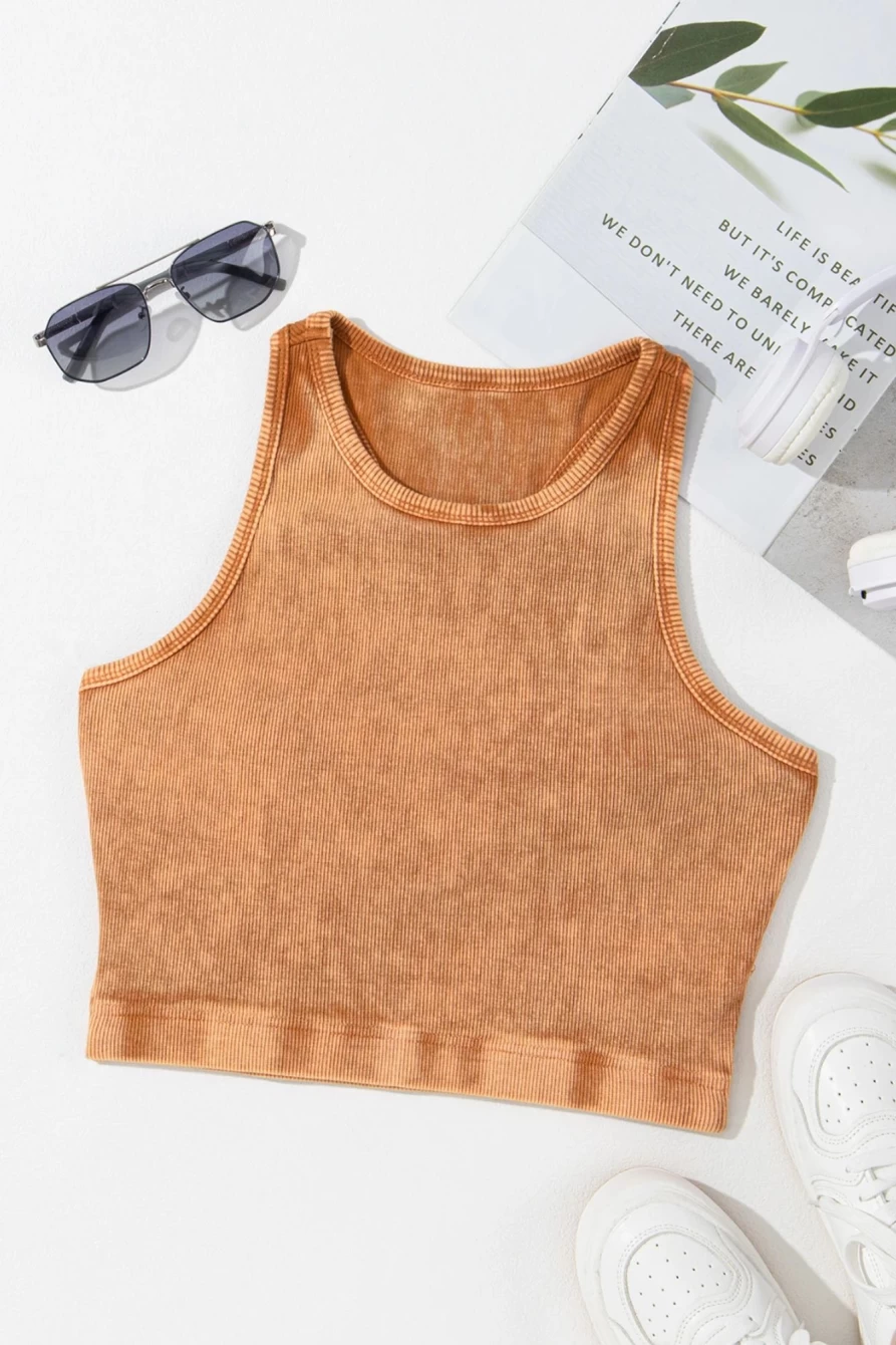 Shewin Women's Gold Flame Ribbed Cropped Tank Top - Mineral Wash Racerback Style