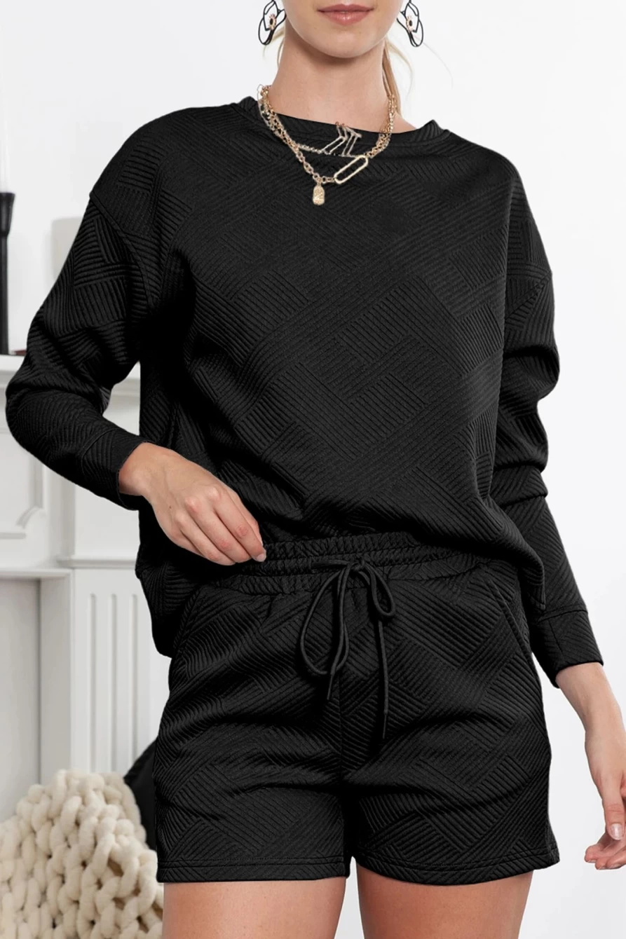 Shewin Women's Black Textured Long Sleeve Top & Drawstring Shorts Set