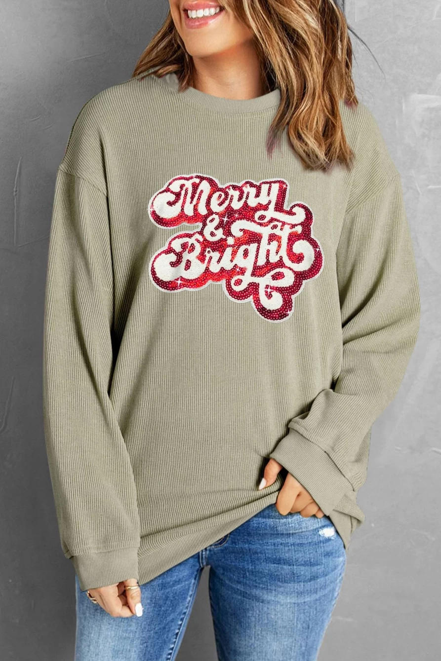 Shewin Women's Green Merry & Bright Sequined Graphic Ribbed Sweatshirt