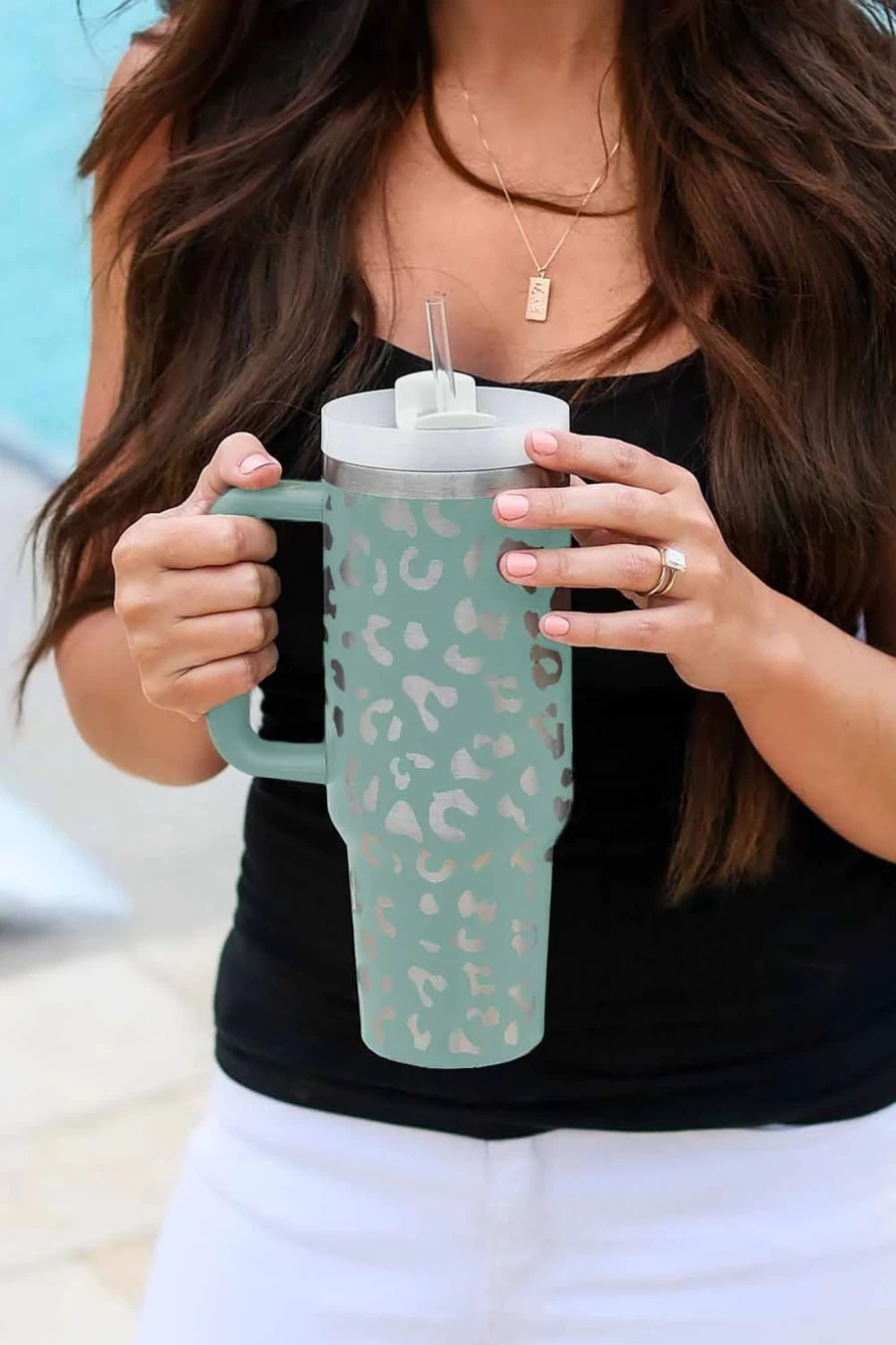 40Oz Green Stainless Steel Tumbler Mug With Handle For Women - Shewin Leopard Design Portable Travel Cup