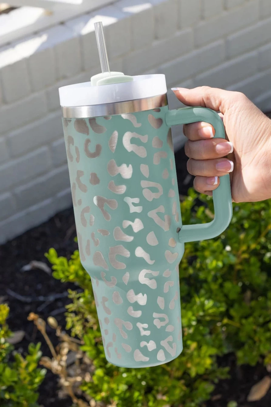 40Oz Green Stainless Steel Tumbler Mug With Handle For Women - Shewin Leopard Design Portable Travel Cup