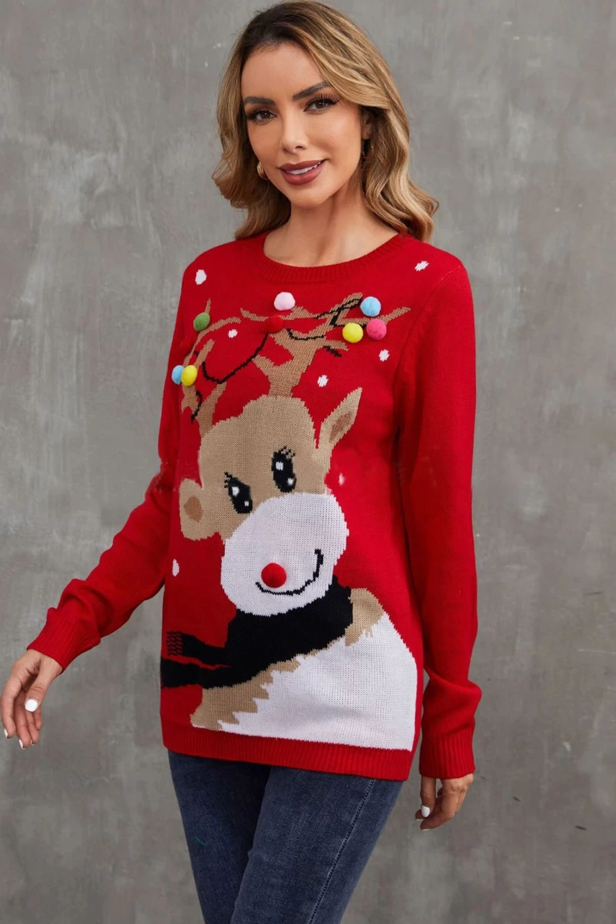 "Shewin Women's Multicolor Christmas Deer Print Round Neck Sweater Holiday Festive Pullover"