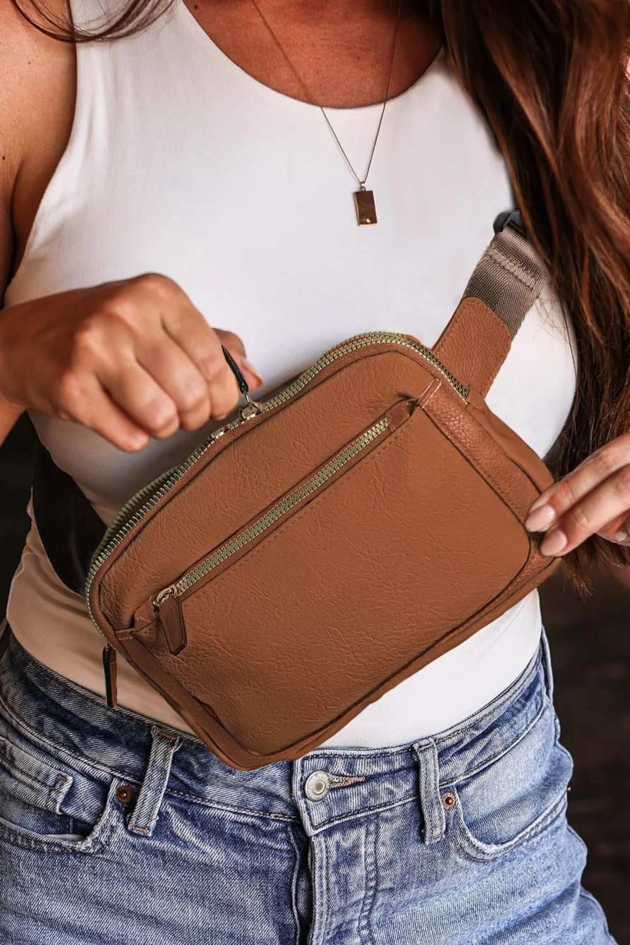 Shewin Women's Camel Minimalist Crossbody Bag with Multiple Zippers