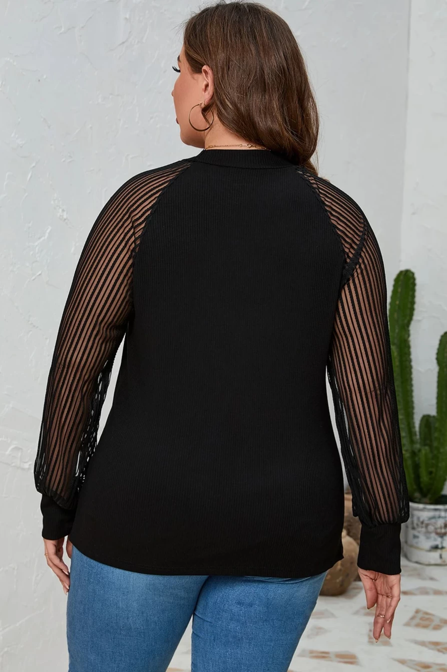 Shewin Women's Plus Size Black Ribbed Knit Top with Sheer Striped Sleeves