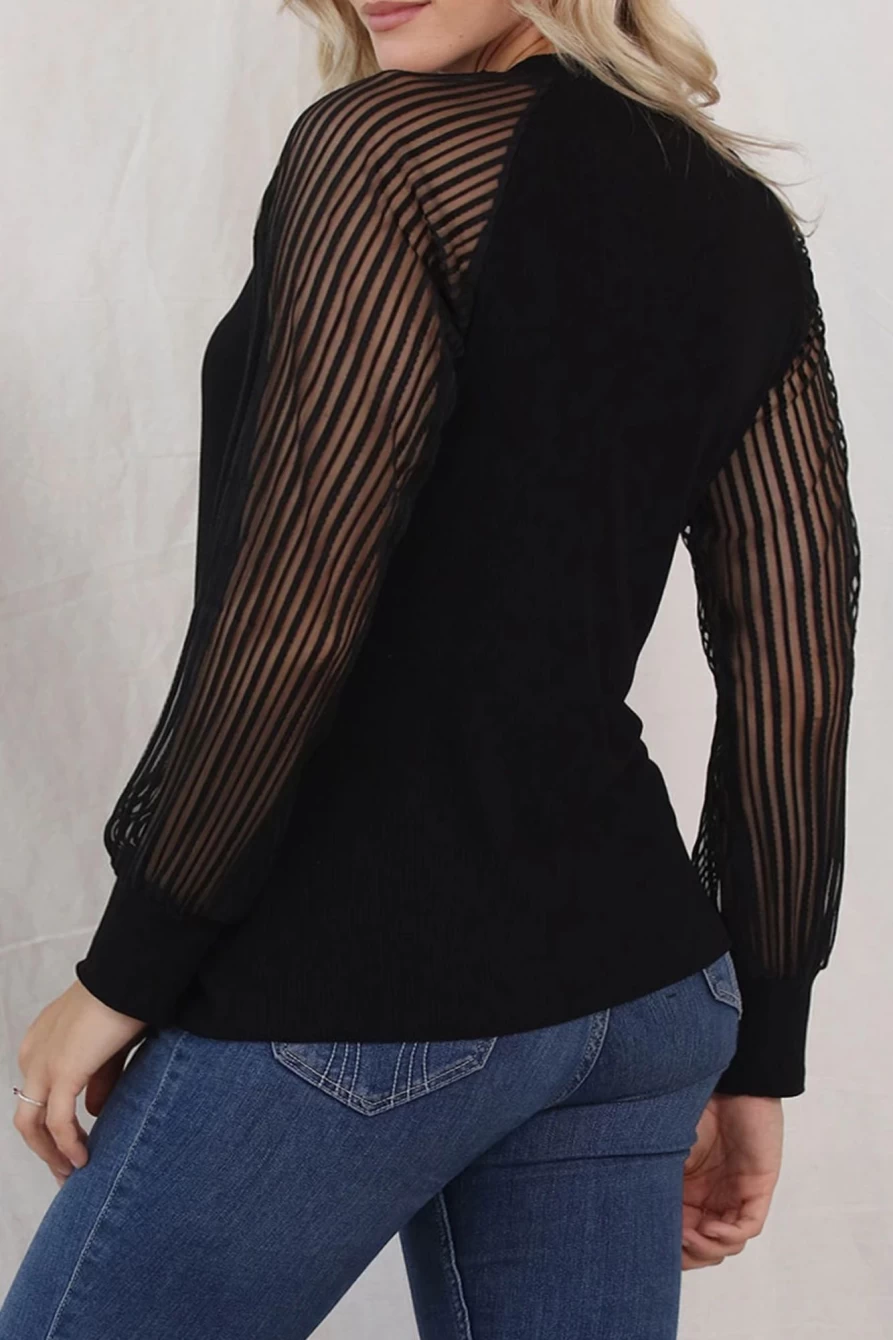 Shewin Women's Plus Size Black Ribbed Knit Top with Sheer Striped Sleeves