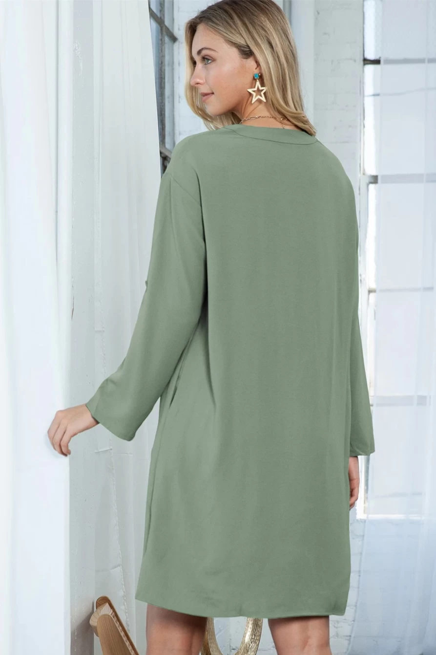 Shewin Women's Green Boho Tunic Dress with Roll-Tab Sleeves and Notch Neck