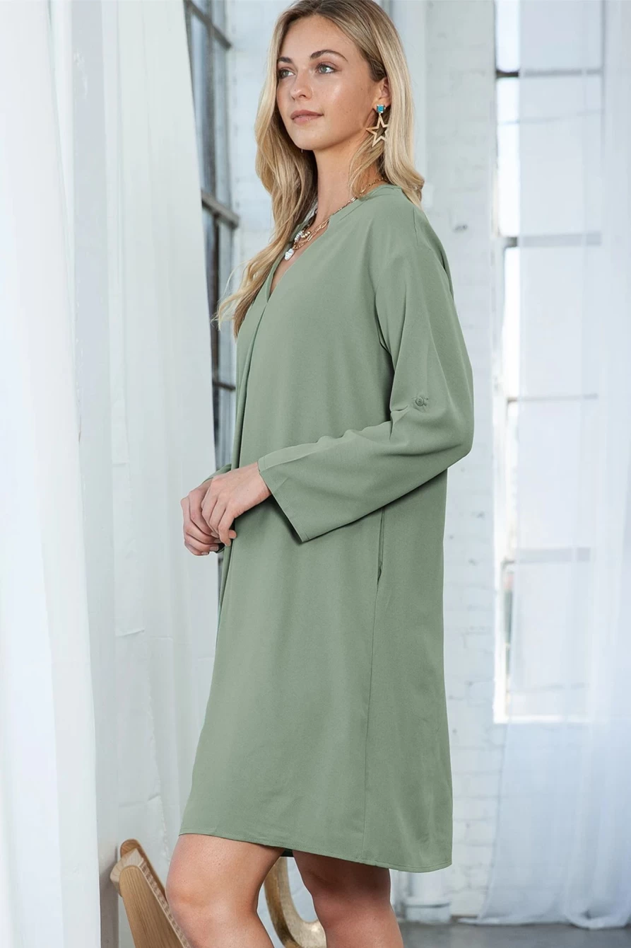 Shewin Women's Green Boho Tunic Dress with Roll-Tab Sleeves and Notch Neck