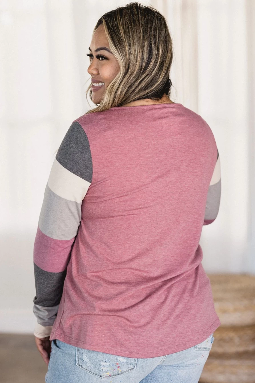 Shewin Women's Plus Size Pink Candy Striping Sleeve Button Neck Top