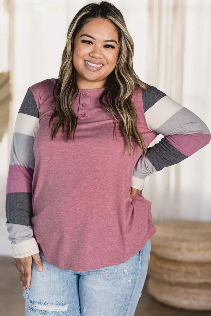 Shewin Women's Plus Size Pink Candy Striping Sleeve Button Neck Top