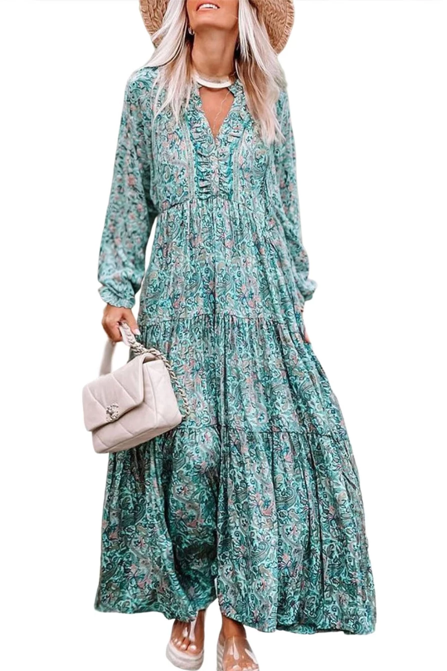 Shewin Women's Bohemian Sky Blue Paisley Print Long Sleeve Tiered Maxi Dress