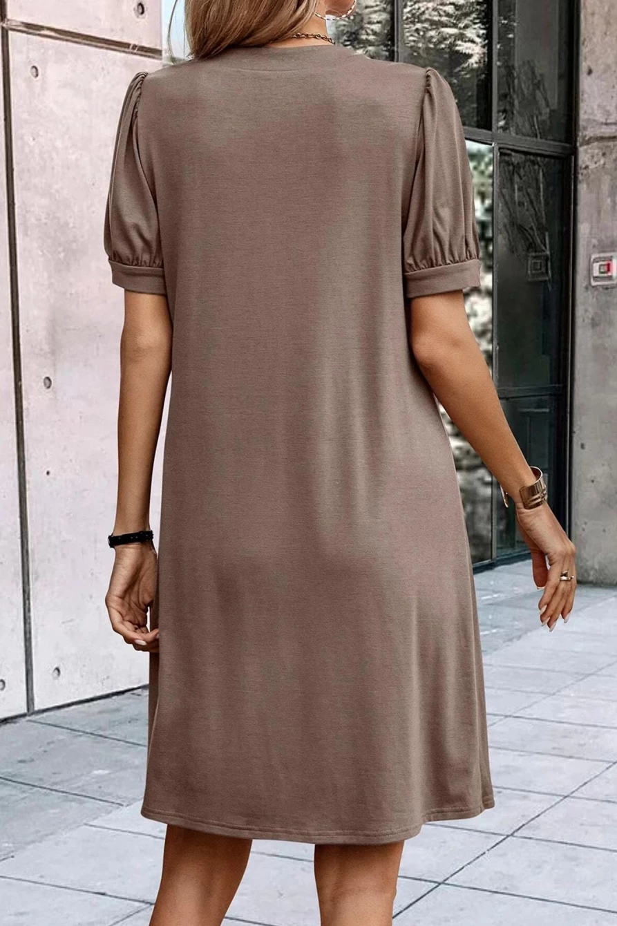 Shewin Women's Desert Palm Notched Neck Pleated Puff Sleeve T-Shirt Dress