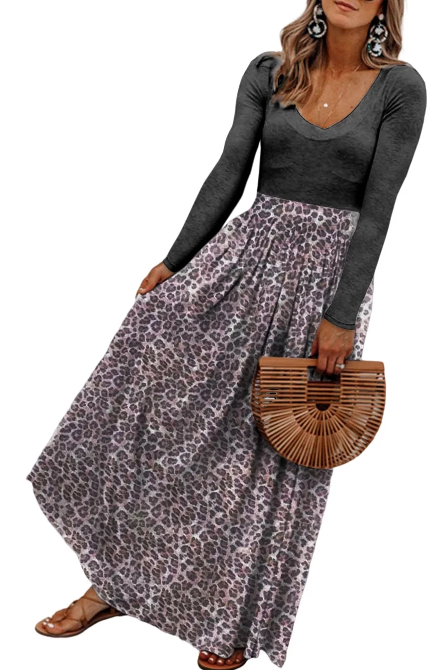 Shewin Women's Black Leopard Print Boho Maxi Dress with Long Sleeves