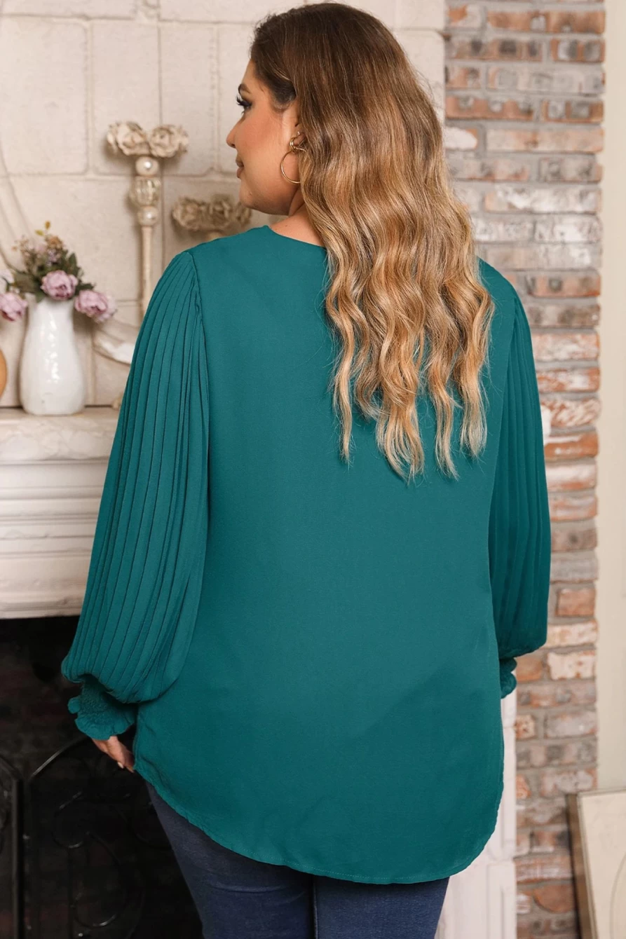 Shewin Women's Plus Size Green Pleated Bubble Sleeve Blouse