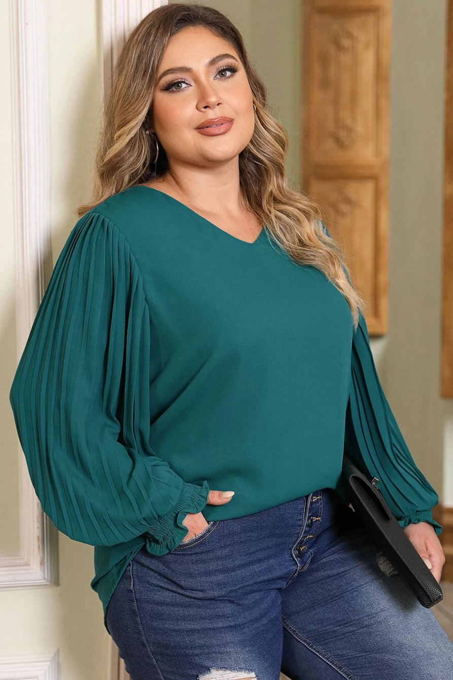 Shewin Women's Plus Size Green Pleated Bubble Sleeve Blouse