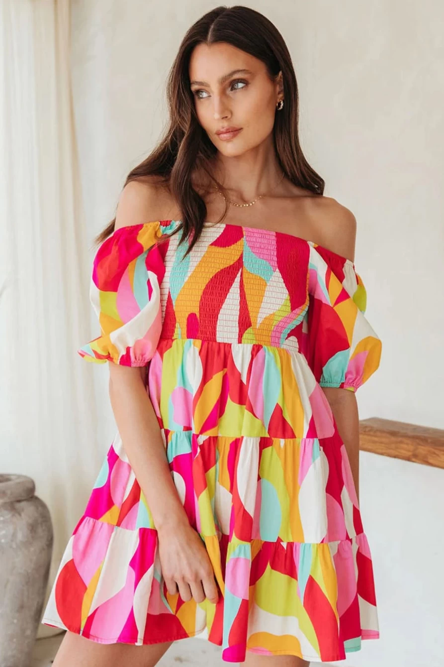 Shewin Women's Multicolor Geometric Print Smocked Babydoll Short Dress