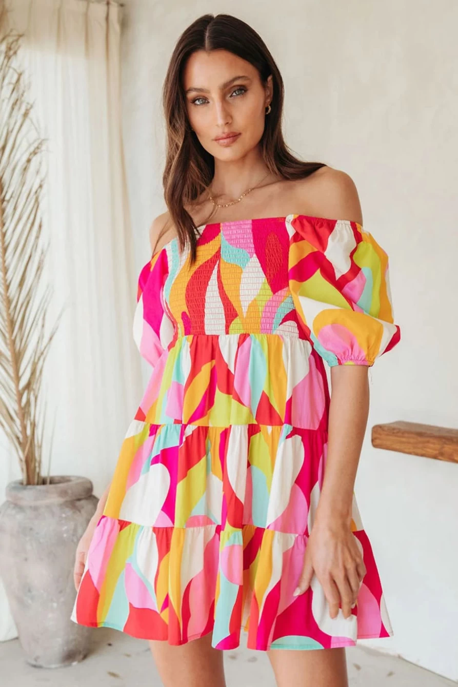 Shewin Women's Multicolor Geometric Print Smocked Babydoll Short Dress